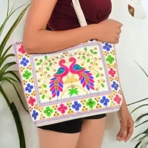 NWOT Beautiful Boho Handmade Embroidered Tote, W/Peacocks & Gold Embellishments